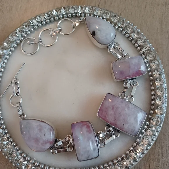 Rainbow Moonstone Silver Link Rectangle Teardrop Adjustable Bracelet - Picture 11 of 12